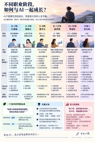 不同职业阶段与 AI 协作重点的六阶段知识图解