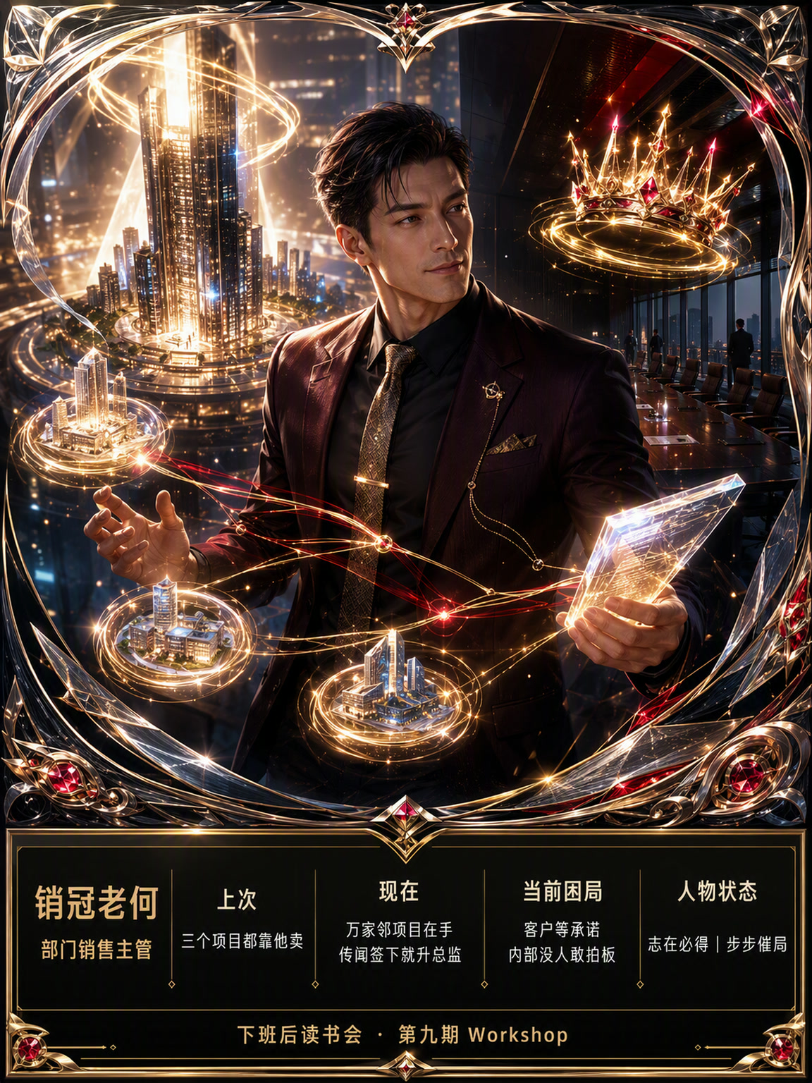 销冠老何人物卡：部门销售主管，万家邻项目在手，志在必得，步步催局