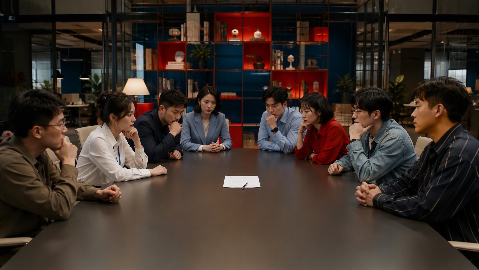 八名锐行科技同事围坐会议桌，一份未签署的合同放在中央