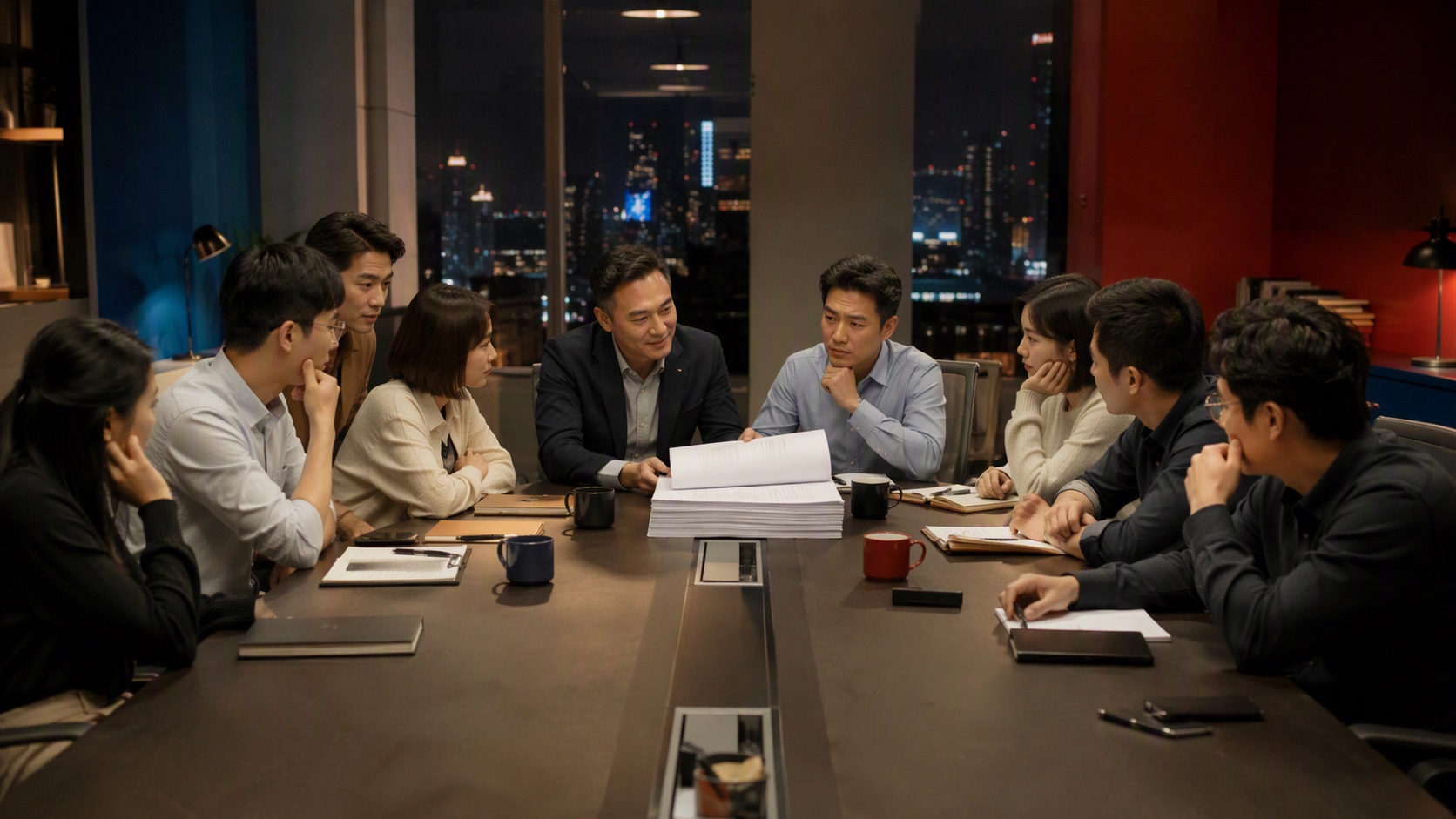 深夜会议室里，八名同事面对一份尚未翻到最后一页的合同