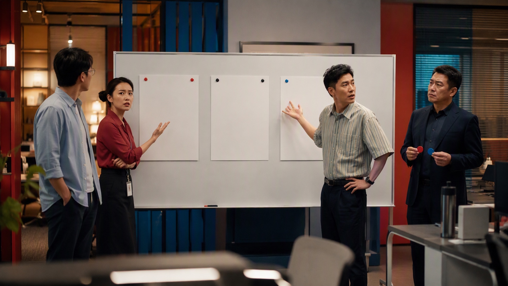 三名同事在白板前分别维护一项产品方案，负责人手中只有两个磁贴